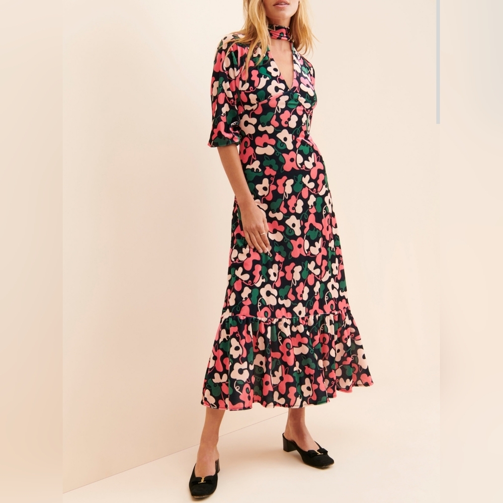 Dazey LA Floral Print Velour Maxi Dress Long Sleeve Retro Boho 70s Style Size M